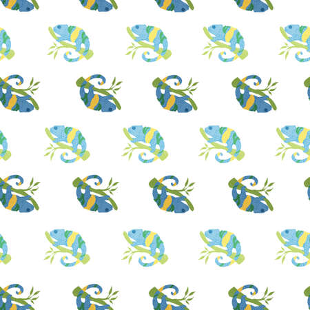 Chameleon seamless pattern. Background of tropical lizard. Repeated texture in doodle style for fabric, wrapping paper, wallpaper, tissue. vector illustration.のイラスト素材
