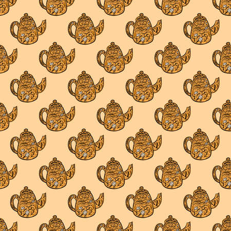 Vintage teapots seamless pattern. Background of teatime in hand drawn style. Repeated texture in doodle style for fabric, wrapping paper, wallpaper, tissue. vector illustration.のイラスト素材