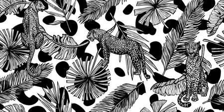 Savannah wildlife seamless pattern. Vintage Leopard and leaves of palm, banana in engraving style. Hand drawn texture for fabric, wallpaper, textile, print, title, wrapping paper. vector illustration.のイラスト素材