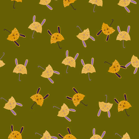 Umbrella bunny seamless pattern. Funny characters background. Repeated texture in doodle style for fabric, wrapping paper, wallpaper, tissue. vector illustration.のイラスト素材