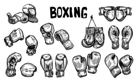 Set boxing gloves hanging on title sketch isolated. Sporting equipments for boxing in hand drawn style. Engraved design for poster, print, book illustration, logo,tattoo. Vintage vector illustration.のイラスト素材