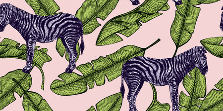 Tropical zebra and banana leaf seamless pattern. Retro african animals in engraving style. Hand...