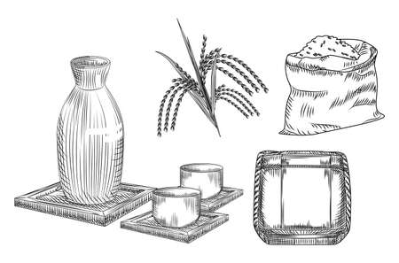 Set of sake. Traditional Japanese rice alcohol drink. Collection of ceramic vase and cup, stalk and rice bag, barrel of sake. Elements for restaurant menu design. Engraving style. vector illustration.のイラスト素材