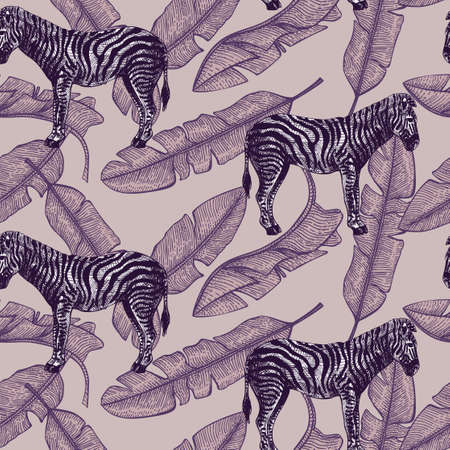 African zebra and banana leaf seamless pattern. Retro tropical animals in engraving style. Hand drawn exotic texture for fabric, wallpaper, textile, print, wrapping paper. vector illustration.のイラスト素材