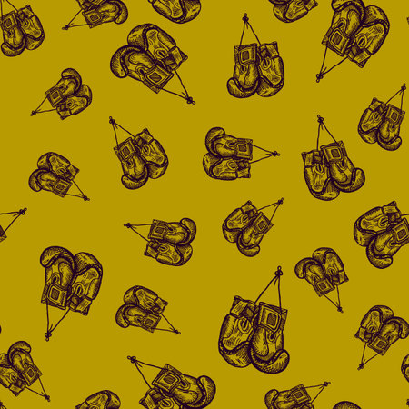 Boxing gloves hanging seamless pattern. Vintage sport stock background. Repeated texture in hand drawn style for fabric, wrapping paper, wallpaper, tissue. vector illustration.のイラスト素材