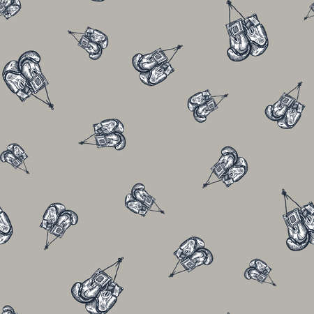 Boxing gloves hanging seamless pattern. Vintage sport stock background. Repeated texture in hand drawn style for fabric, wrapping paper, wallpaper, tissue. vector illustration.のイラスト素材