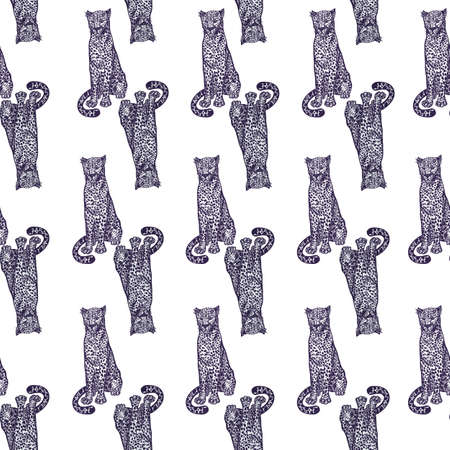 Leopard sitting seamless pattern. Vintage animal background. Repeated texture in hand drawn style for fabric, wrapping paper, wallpaper, tissue. vector illustration.のイラスト素材