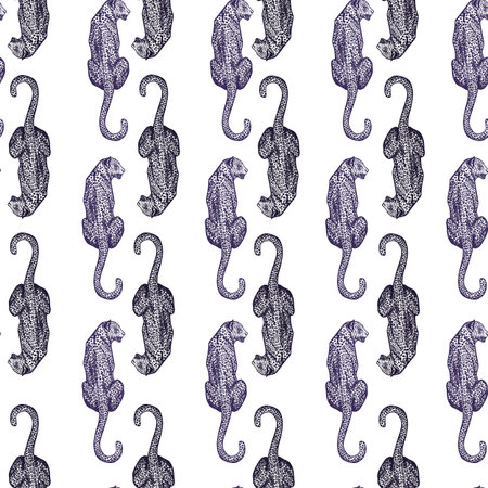 Leopard sit back seamless pattern. Vintage animal background. Repeated texture in hand drawn style...
