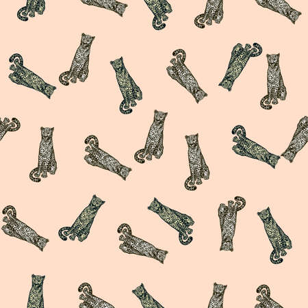 Leopard sitting seamless pattern. Vintage animal background. Repeated texture in hand drawn style for fabric, wrapping paper, wallpaper, tissue. vector illustration.のイラスト素材