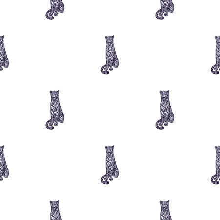 Leopard sitting seamless pattern. Vintage animal background. Repeated texture in hand drawn style for fabric, wrapping paper, wallpaper, tissue. vector illustration.のイラスト素材