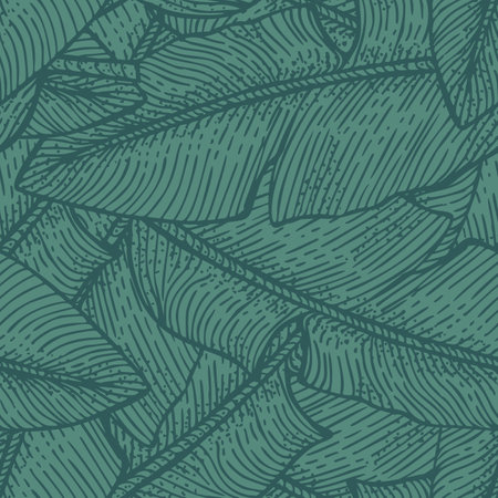 Banana leaves seamless pattern.Retro tropical branch in engraving style. Hand drawn texture foliage for fabric, wallpaper, textile, print, wrapping paper. vector illustration.のイラスト素材