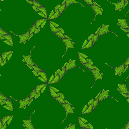 Banana leaves seamless pattern.Vintage tropical branch in engraving style. Hand drawn texture for fabric, wallpaper, textile, print, wrapping paper. vector illustration.のイラスト素材