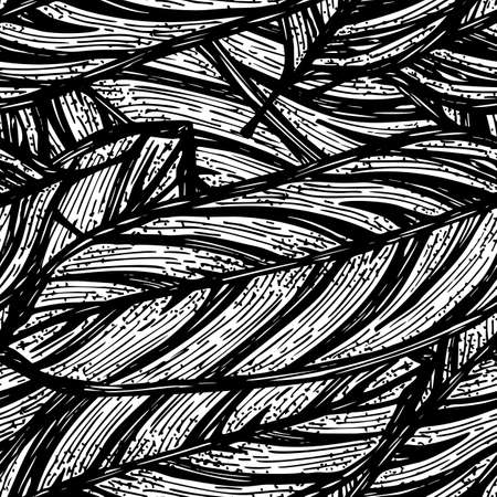 Engraved calathea leaf tropical seamless pattern. Jungle leaves background. Repeated hand drawn exotic design texture for printing, fabric, wrapping paper, fashion, interior, wallpaper, tissue. vector illustration.のイラスト素材