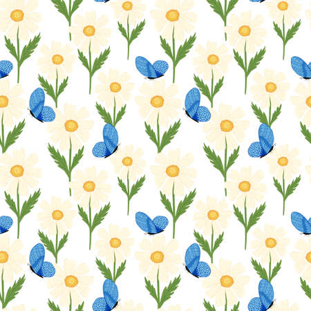Cute butterfly on chamomile seamless pattern. summer meadow background. Repeated nature design texture for printing, fabric, wrapping paper, fashion, interior, wallpaper, tissue. vector illustration.のイラスト素材