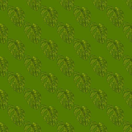 Monstera leaf seamless pattern.Vintage tropical branch in engraving style. Hand drawn texture foliage for fabric, wallpaper, textile, print, wrapping paper. vector illustration.のイラスト素材