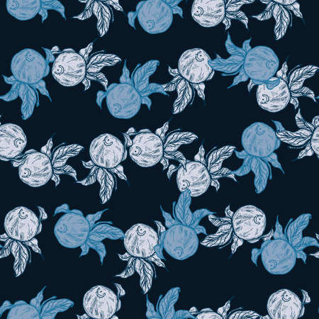 Seamless pattern engraved lemon on twig with leaves. Vintage background citrus fruit on branch in hand drawn style. Vector repeated color design texture for print, fabric, wrapping, wallpaper, tissue.のイラスト素材