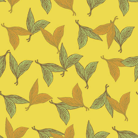 Seamless pattern engraved leaves. Vintage background of tea leaf in hand drawn style. Vector repeated color design texture for print, fabric, wrapping, wallpaper, tissue.のイラスト素材