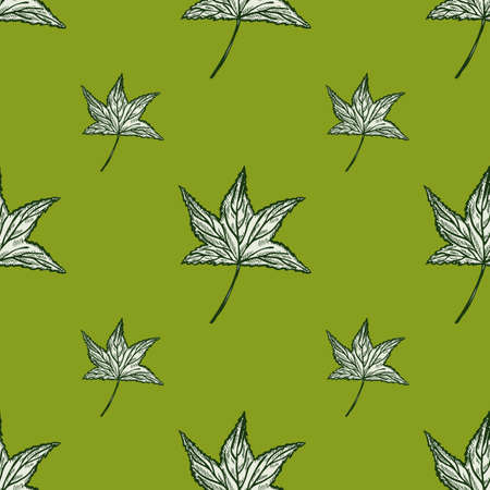 Engraved tree leaves seamless pattern. Vintage background botanical with foliage in hand drawn style. Vector repeated color design texture for print, fabric, wrapping, wallpaper, tissue.のイラスト素材