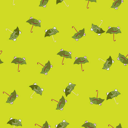 Seamless pattern cute frog umbrella. Background of funny accessory shape head toad in doodle style. Repeated design texture for printing, fabric, wrapping, wallpaper, tissue. vector illustration.のイラスト素材