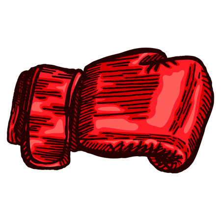 Red boxing glove sketch in isolated white background. Vintage sporting equipment for kickboxing in engraved style. Vector hand drawn design for poster, print, book illustration,tattoo.のイラスト素材
