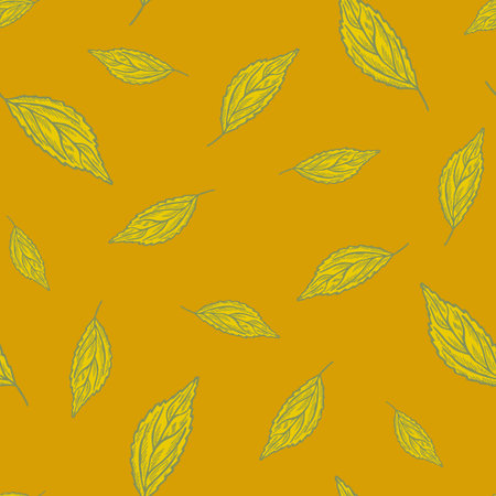 Seamless pattern engraved tree leaves. Vintage background botanical with foliage in hand drawn style. Repeated color design texture for print, fabric, wrapping, wallpaper, tissue. vector illustration.のイラスト素材