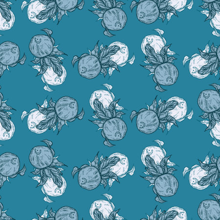 Seamless pattern engraved lemon on twig with leaves. Vintage background citrus fruit on branch in...