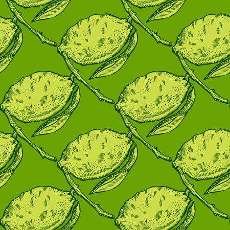 Seamless pattern lemon on branch with leaves engraving. Vintage background of citrus fruits in hand drawn style. Vector repeated color design texture for print, fabric, wrapping, wallpaper, tissue.のイラスト素材