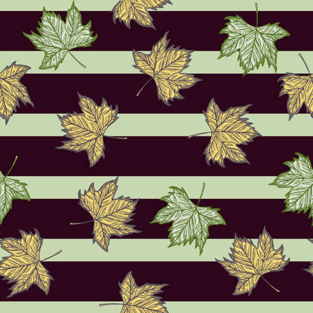Leaves maple engraved seamless pattern. Vintage background botanical with canadian foliage in hand drawn style. Vector repeated color design texture for print, fabric, wrapping, wallpaper, tissue.のイラスト素材