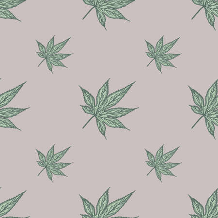 Leaves maple canadian engraved seamless pattern. Vintage background botanical cannabis leaf in hand drawn style. Vector repeated color design texture for print, fabric, wrapping, wallpaper, tissue.のイラスト素材