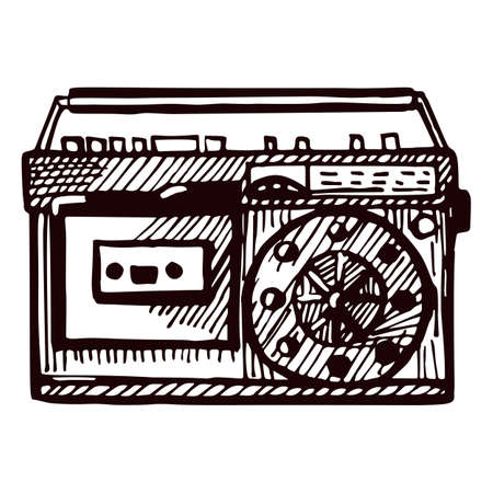 Retro radio engraved isolated on white background. Vintage media equipment in hand drawn style. Sketch old 80s broadcasting device. Vector design for poster, print, book illustration.のイラスト素材