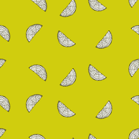 Seamless pattern engraved slice lemon. Vintage background piece lemon or lime in hand drawn style. Vector repeated color design texture for print, fabric, wrapping, wallpaper, tissue.のイラスト素材