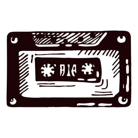Retro engraved audio cassette tape isolated on white background. Vintage music cassette tape in hand drawn style. Sketch old 80s record. Vector design for poster, print, book illustration.のイラスト素材