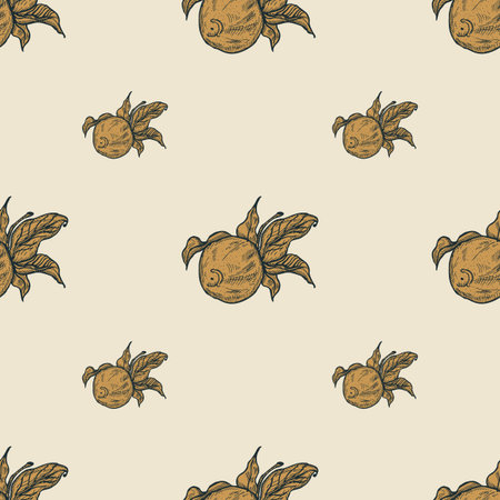 Seamless pattern engraved lemon on twig with leaves. Vintage background citrus fruit on branch in hand drawn style. Vector repeated color design texture for print, fabric, wrapping, wallpaper, tissue.のイラスト素材