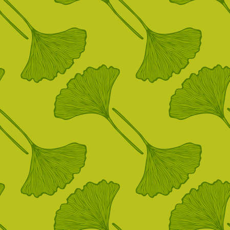 Seamless pattern engraved leaves Ginkgo Biloba. Vintage background botanical with foliage in hand drawn style. Vector repeated color design texture for print, fabric, wrapping, wallpaper, tissue.のイラスト素材