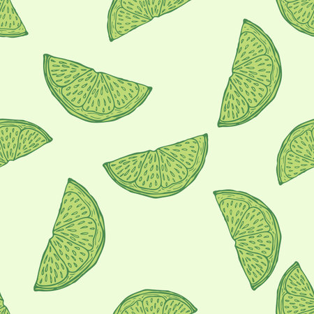 Seamless pattern engraved slice lemon. Vintage background piece lemon or lime in hand drawn style. Vector repeated color design texture for print, fabric, wrapping, wallpaper, tissue.のイラスト素材