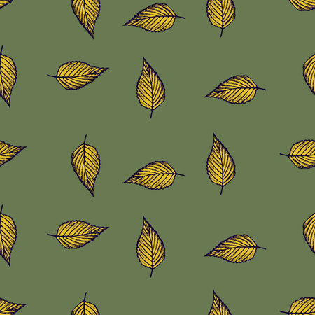 Seamless pattern engraved tree leaves. Vintage background botanical with foliage in hand drawn style. Repeated color design texture for print, fabric, wrapping, wallpaper, tissue. vector illustration.のイラスト素材