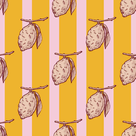Seamless pattern lemon on branch with leaves engraving. Vintage background of citrus fruits in hand drawn style. Vector repeated color design texture for print, fabric, wrapping, wallpaper, tissue.のイラスト素材