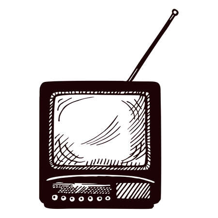 Retro TV engraved isolated on white background. Vintage television with antenna in hand drawn style. Sketch old 80s broadcasting device. Vector design for poster, print, book illustration.のイラスト素材