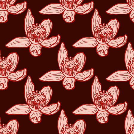 Seamless pattern engraved flower. Vintage background floral in hand drawn style. spring flowers sketch. Vector repeated color design texture for print, fabric, wrapping, wallpaper, tissue.のイラスト素材