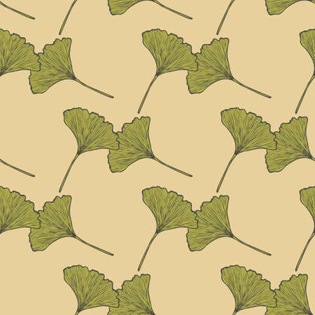 Seamless pattern engraved leaves Ginkgo Biloba. Vintage background botanical with foliage in hand drawn style. Vector repeated color design texture for print, fabric, wrapping, wallpaper, tissue.のイラスト素材