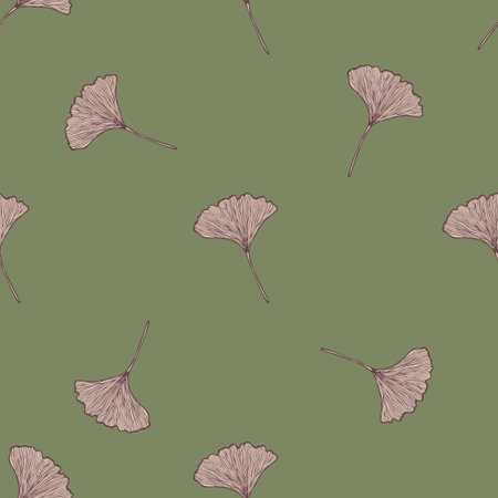 Seamless pattern engraved leaves Ginkgo Biloba. Vintage background botanical with foliage in hand drawn style. Vector repeated color design texture for print, fabric, wrapping, wallpaper, tissue.のイラスト素材
