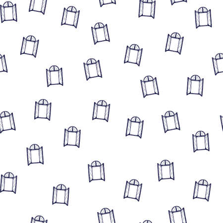 Seamless pattern of retro arch windows engraving. Vintage background cute window in hand drawn style. Vector repeated design texture for print, fabric, wrapping, wallpaper, tissue.のイラスト素材