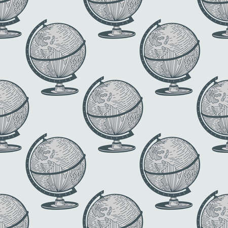 The globe engraved seamless pattern. Vintage background old atlas earth in hand drawn style. Vector repeated texture for print, fabric, wrapping, wallpaper, tissue.のイラスト素材