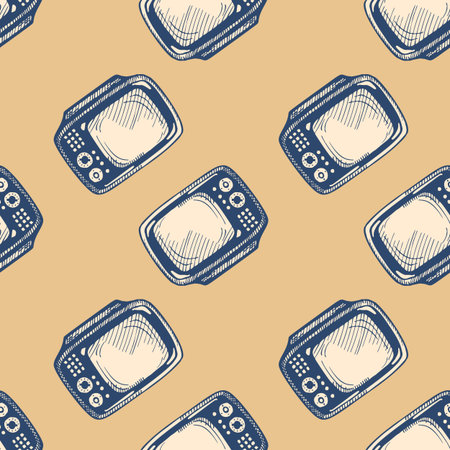 Retro TV engraved seamless pattern. Vintage television background in hand drawn style. Vector repeated texture for print, fabric, wrapping, wallpaper, tissue.のイラスト素材