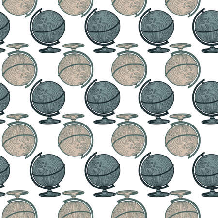 The globe engraved seamless pattern. Vintage background old atlas earth in hand drawn style. Vector repeated texture for print, fabric, wrapping, wallpaper, tissue.のイラスト素材