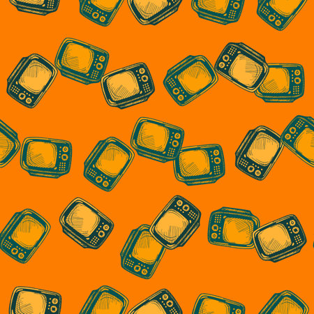 Retro TV engraved seamless pattern. Vintage television background in hand drawn style. Vector repeated texture for print, fabric, wrapping, wallpaper, tissue.のイラスト素材