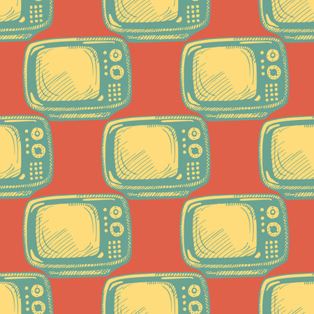 Retro TV engraved seamless pattern. Vintage television background in hand drawn style. Vector repeated texture for print, fabric, wrapping, wallpaper, tissue.のイラスト素材