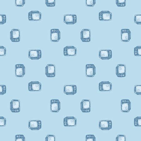 Retro TV engraved seamless pattern. Vintage television background in hand drawn style. Vector repeated texture for print, fabric, wrapping, wallpaper, tissue.のイラスト素材