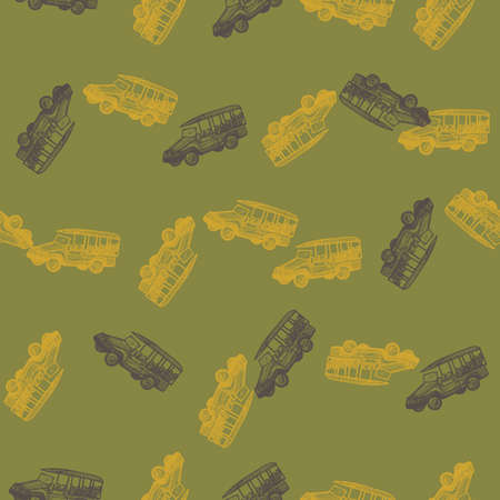 Safari bus engraved seamless pattern. Vintage adventure off road car in hand drawn style. Sketch texture for fabric, wallpaper, textile, print, title, wrapping paper. vector illustration.のイラスト素材