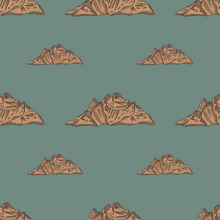 Mountain peak engraved seamless pattern. Vintage background rock landscape in hand drawn style. Vector repeated texture for print, fabric, wrapping, wallpaper, tissue.のイラスト素材